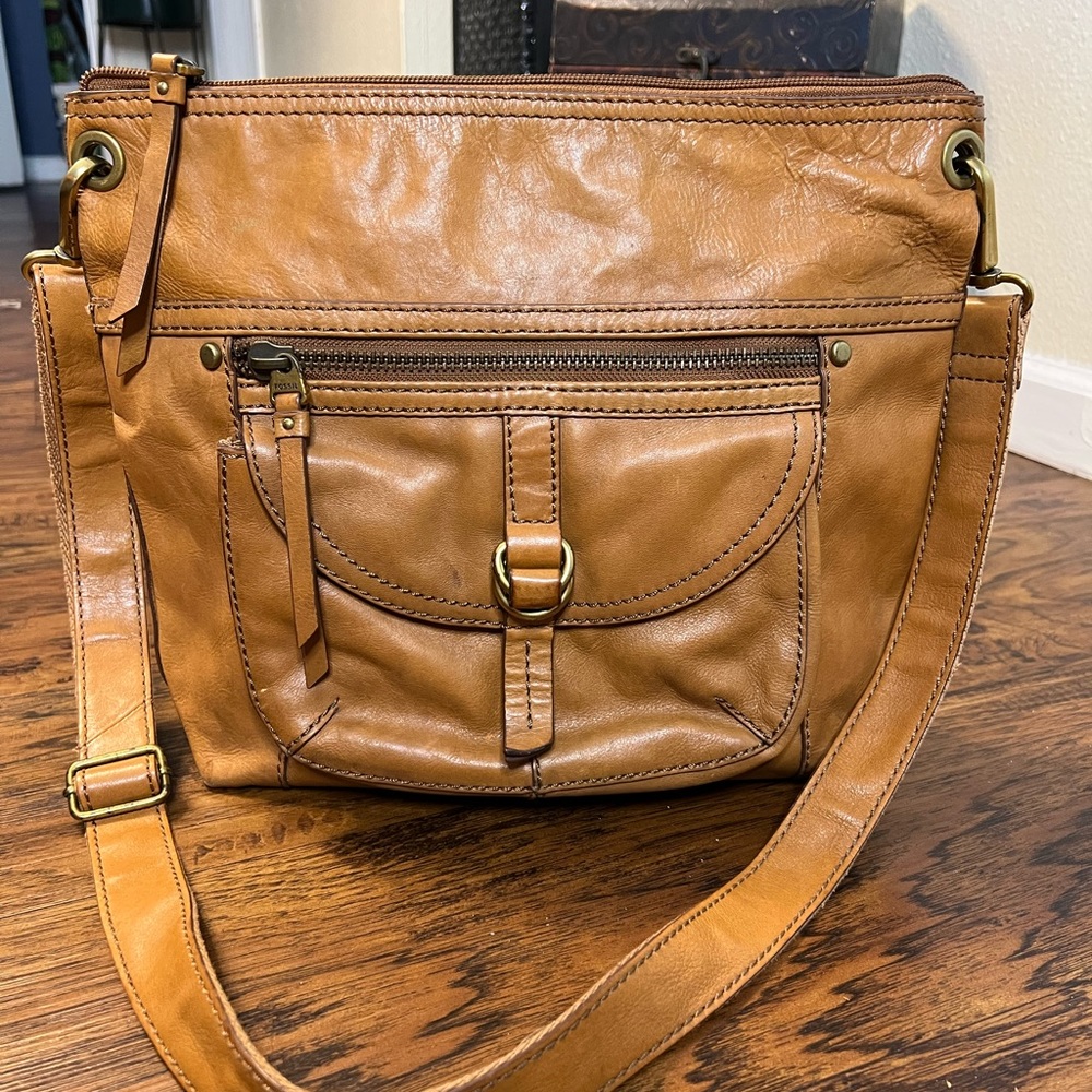 FOSSIL ZB5763 Cognac Leather Crossbody Shoulder Bag Purse Handbag Vintage 1990's